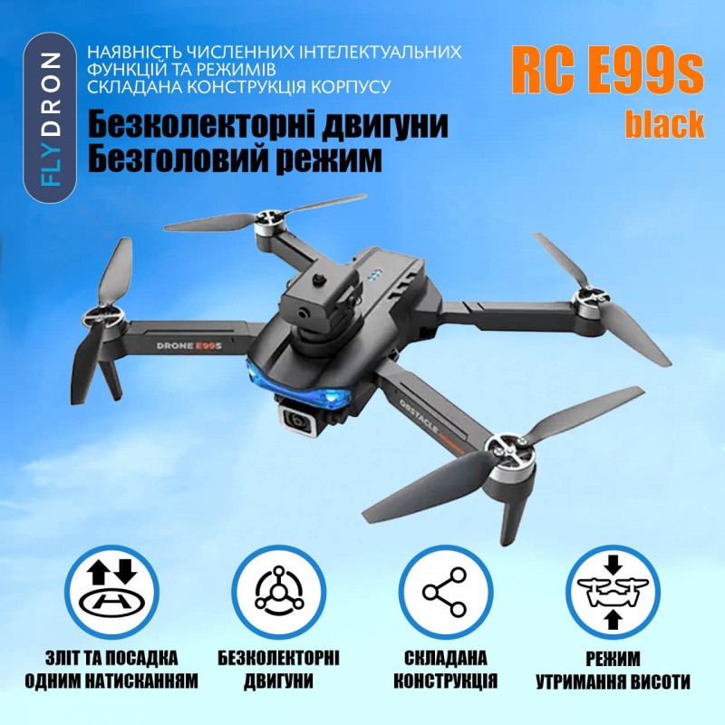 Квадрокоптер RC E99s Pro Black – FPV-дрон з 4K і HD камерами, БК мотори, Уникнення перешкод, 40 хвилин, 100 метрів, Кейс + Подарунок (Додатковий Акумулятор, Злітно-Посадковий Майданчик, Батарейки)