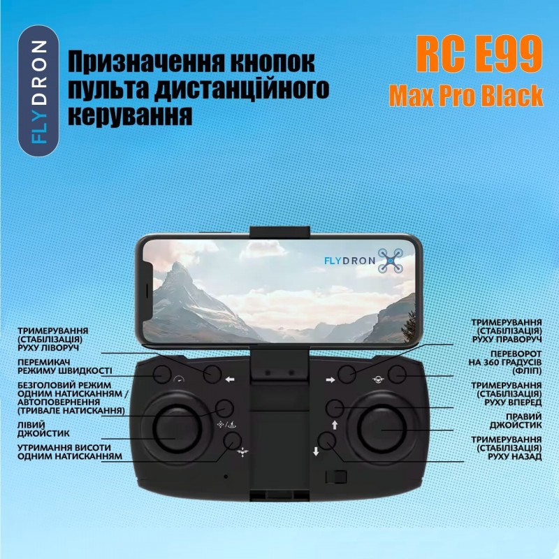 Квадрокоптер RC E99 Max Pro Black – FPV-дрон з 4K і HD камерами, 2 АКБ в комплекті, Безголовий режим, 40 (20+20) хвилин, 100 метрів, Фліпи, Кейс + Подарунок (Злітно-Посадковий Майданчик, Батарейки)