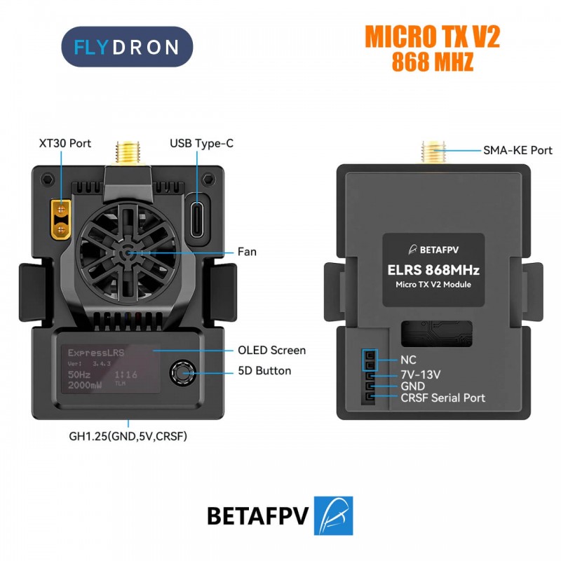 Зовнішній модуль передавача BetaFPV Micro TX V2 Module ELRS 868MHz, 2W, до 15-20 км, для FPV-дронів