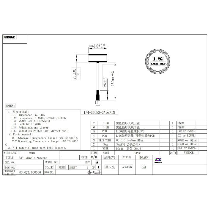 Антена для дрона Skyzone 1.2GHz 150mm SMA RHCP (1.2GANT)