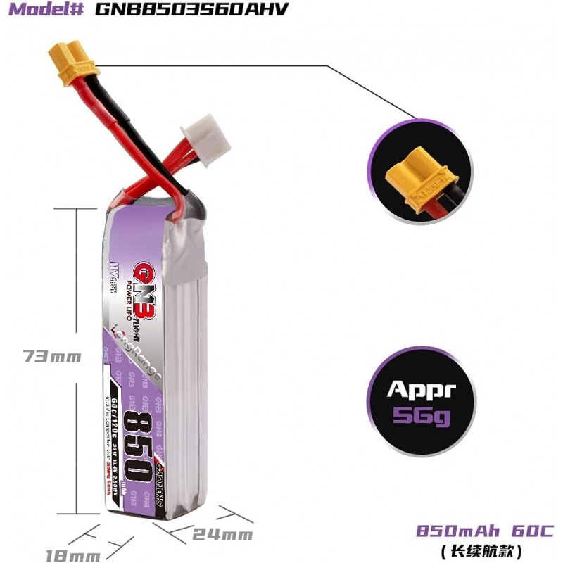 Акумулятор GAONENG GNB LiPo 850 мАг 3S 11,4 В HV 60C 120C з роз'ємом XT30 для FPV дронів