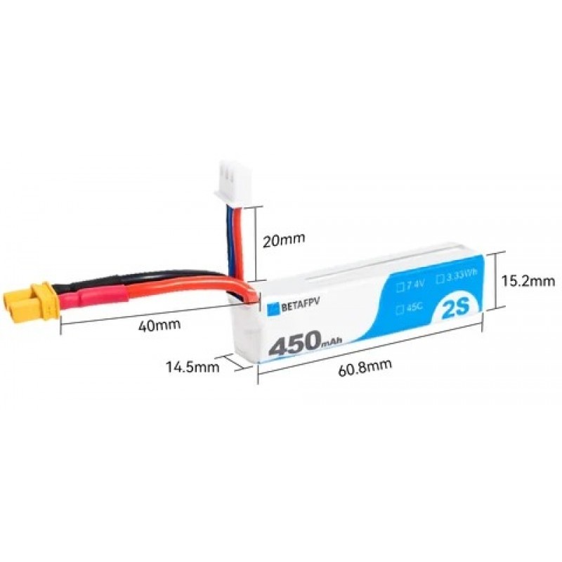 Акумулятор АКБ XT30 450mAh 2S 45C Lipo Battery для квадрокоптерів BetaFPV (2шт)
