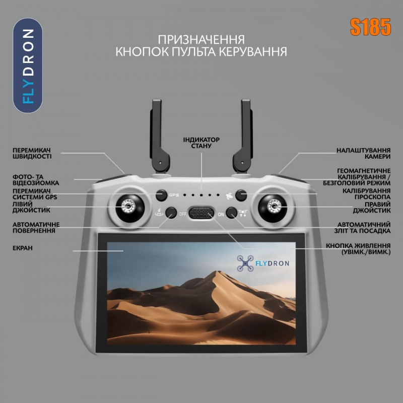 Квадрокоптер S185 Black – дрон з 2.7K і HD камерами, БК мотори, FPV, GPS, 5G Wi-Fi, EIS, 3-осьовий підвіс, Уникнення перешкод, Сенсорний екран 7,2" на пульті, до 23 хвилин, до 5 км, Сумка