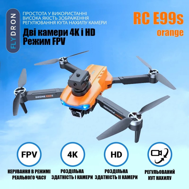 Квадрокоптер RC E99s Pro Orange – FPV-дрон з 4K і HD камерами, БК мотори, Уникнення перешкод, 40 хвилин, 100 метрів, Кейс + Подарунок (Додатковий Акумулятор, Злітно-Посадковий Майданчик, Батарейки)