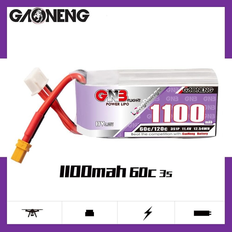 Акумулятор GAONENG GNB LiPo 3S 1100 мАг 1100 мАг 11,4 В HV 60C з роз'ємом XT30 для FPV дронів розміром 90-130 мм, 2,5-дюймовий дрон